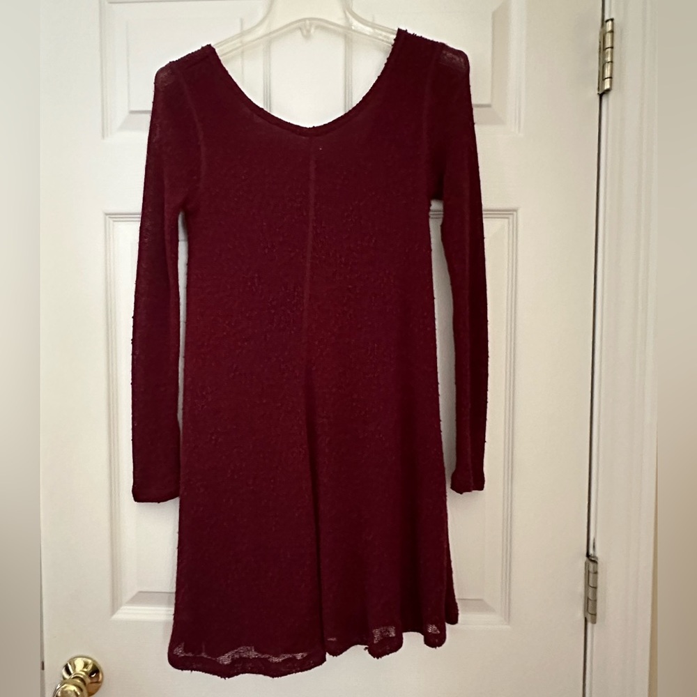 Women's Maroon Long Sleeved Textured Sweater Dress